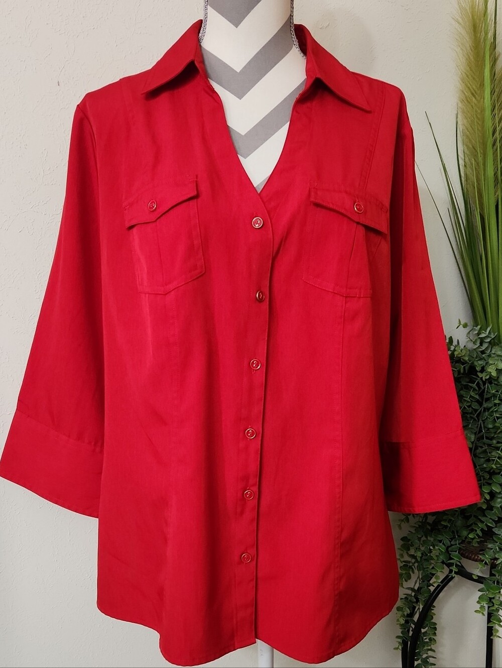 Cato Red Button-Down Shirt with Chest Flap Pockets